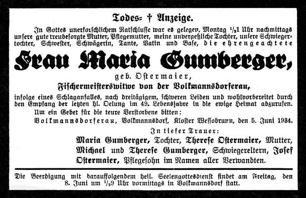Todesanzeige Maria Gumberger *1886 †1934