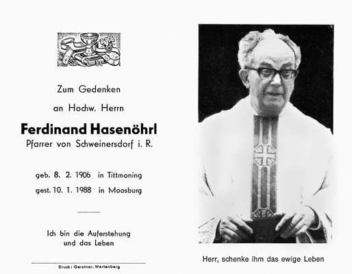 Sterbebildchen Pfarrer Ferdinand Hasenhrl *1906 †1988