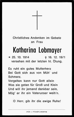 Sterbebildchen Katharina Lobmayer *1914 †1971