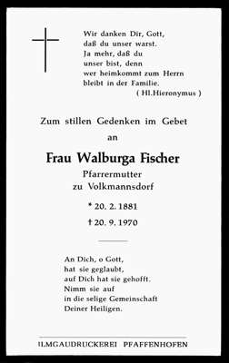 Sterbebildchen Walburga Fischer *1881 †1970