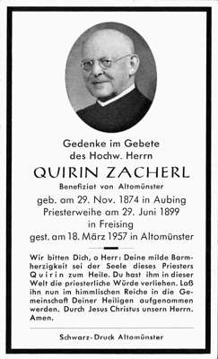Sterbebildchen Pfarrer Quirin Zacherl *1874 †1957  