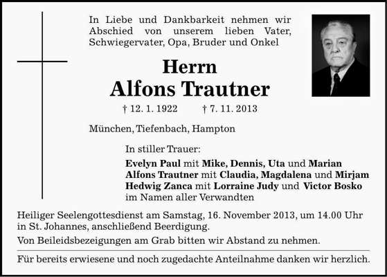 Todesanzeige Alfons Trautner, *1922 †2013