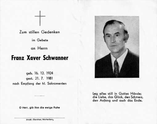 Sterbebildchen Franz Xaver Schwanner, *1924 †1981