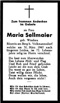 Sterbebildchen Maria Sellmaier, *1873 †1945