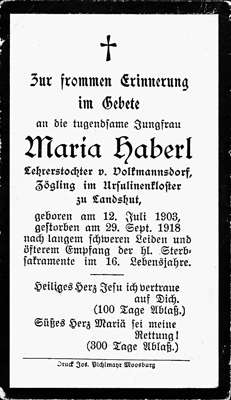 Volkmannsdorf Sterbebildchen Maria Haberl, *1903 †1918