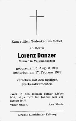 Sterbebildchen Lorenz Danzer, *1905 †1975