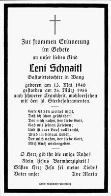 Sterbebildchen Leni Schnaitl, *1940 †1955