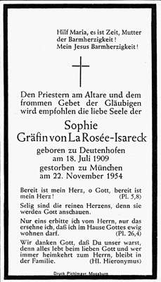 Sterbebildchen Sophie Grfin von La Rose, *1909 †1954