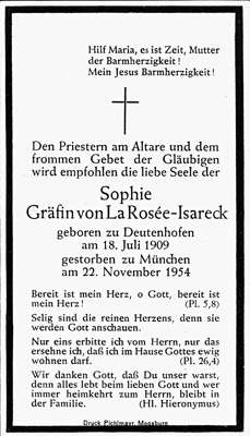 Sterbebildchen Sophie Grfin von La Rose, *1909 †1954