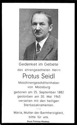 Sterbebildchen Protus Seidl, *1882 †1963