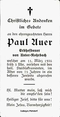 Sterbebildchen Paul Auer, *1862 †1935