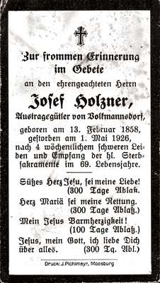 Sterbebildchen Josef Holzner, *1858 †1926