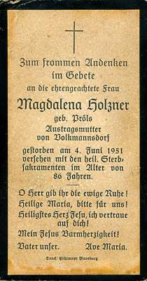 Sterbebildchen Magdalena Holzner, *1865 †1951