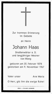 Sterbebildchen Johann Haas, *1878 †1967