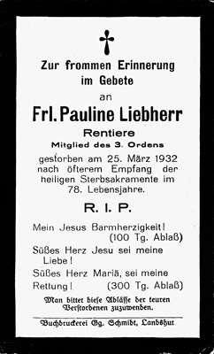Sterbebildchen Frl. Pauline Liebherr, *1854 †1932