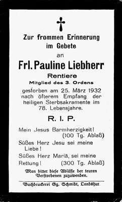 Sterbebildchen Frl. Pauline Liebherr, *1854 †1932