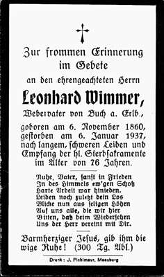 Sterbebildchen Leonhard Wimmer, *1860 †1937