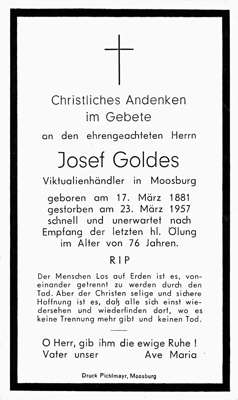 Sterbebildchen Josef Goldes, *1881 †1957