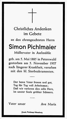Sterbebildchen Simon Pichlmaier, *1885 †1957