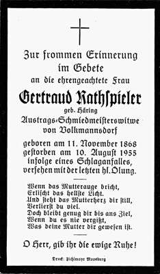 Sterbebildchen Getraud Rathspieler, *1868 †1955