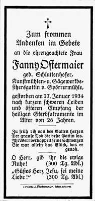 Sterbebildchen Fanny Ostermaier, *1908 †1934