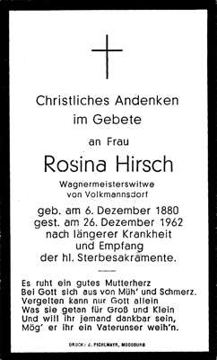 Sterbebildchen Rosina Hirsch, *1880 †1962