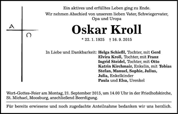 Todesanzeige Oskar Kroll, *1925 †2015
