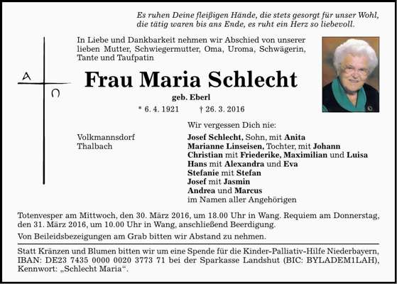 Todesanzeige Maria Schlecht, *1921 †2016