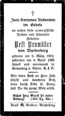 Sterbebildchen Resi Neumller, *1912 †1939