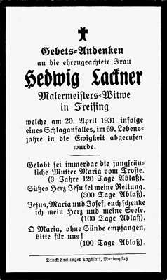 Sterbebildchen Hedwig Lackner, *1862 †1931