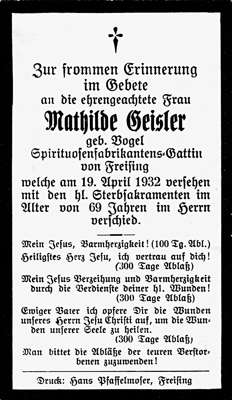 Sterbebildchen Mathilde Geisler, *1863 †1932