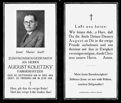 Sterbebildchen August Koletzky, *1875 †1935