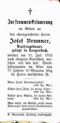Sterbebildchen Josef Brunner *1835 †1912