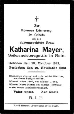 Sterbebildchen Katharina Mayer *1872 †1903