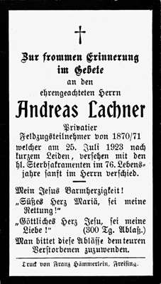 Sterbebildchen Andreas Lachner *1847 †1923