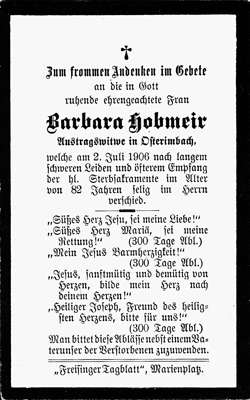 Sterbebildchen Barbara Hobmeir *1824 †1906