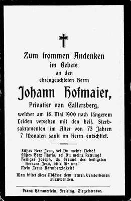 Sterbebildchen Johann Hofmaier *1832 †1906