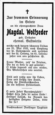 Sterbebildchen Magdalena Wolfseder, *1871 †1932