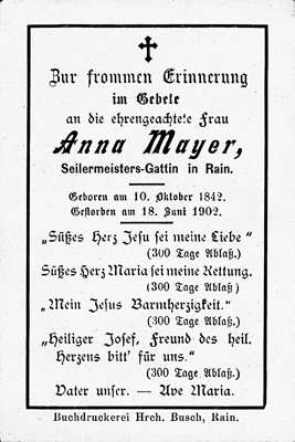 Sterbebildchen Anna Mayer *1842 †1902