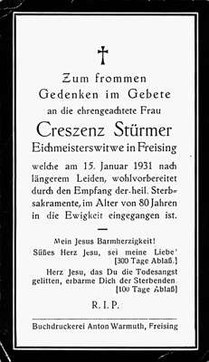 Sterbebildchen Creszenz Strmer, *1851 †1931