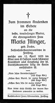 Sterbebildchen Maria Illinger *1862 ‡1923