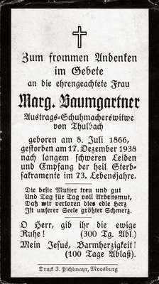 Sterbebildchen Marg. Baumgartner, *1866 †1937