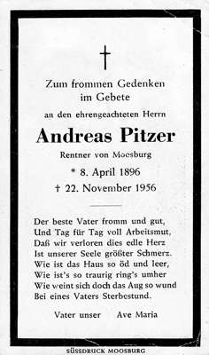 Sterbebildchen Andreas Pitzer, *1896 †1956