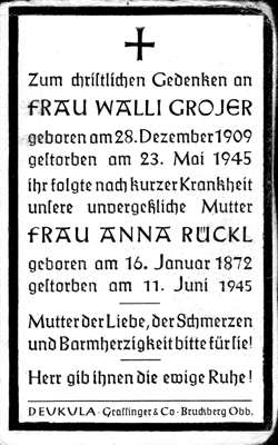 Sterbebildchen Walli Grojer, *1909 †1945 - Anna Rckl, *1872 †1945