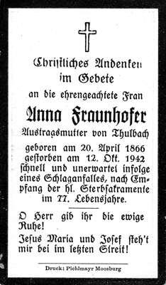 Sterbebildchen Anna Fraunhofer, *1866 †1942