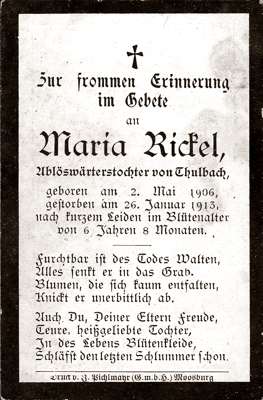 Sterbebildchen Maria Rickel *1906 †1913