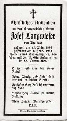 Sterbebildchen Josef Langwieser, *1886 †1944