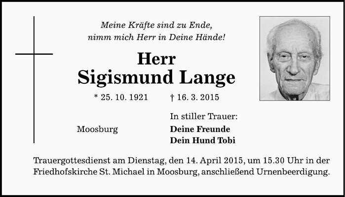 Todesanzeige Sigismund Lange, *1921 †2015