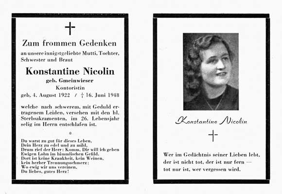 Sterbebildchen Konstantine Nicolin, *1922 †1948