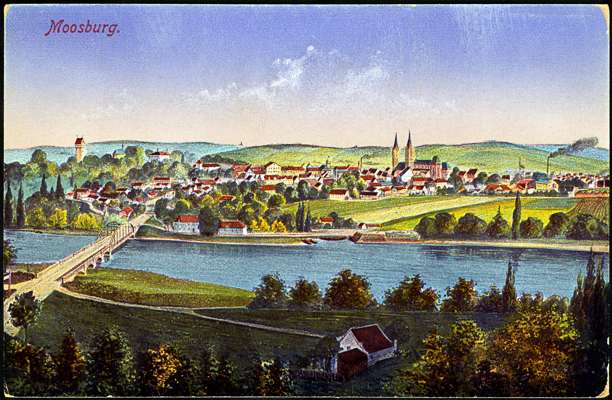 Moosburg mit der neuen Isarbr�cke, Postkarte um 1910